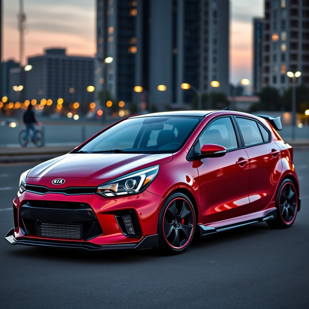 A sleek and aggressive body kit designed specifically for a Kia Rio, showcasing a sporty and aerodynamic silhouette