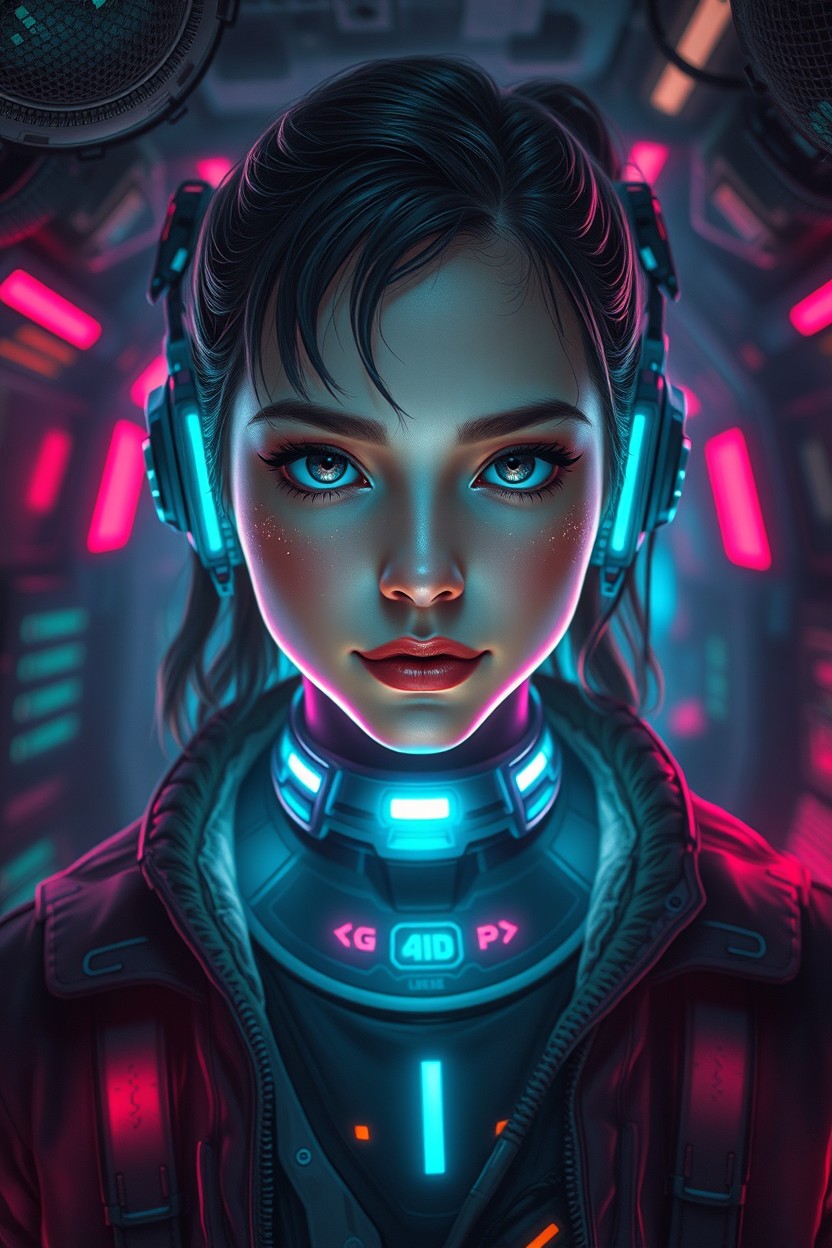 A captivating portrait of a futuristic cyberpunk rebel leader, a young girl, centered in the composition