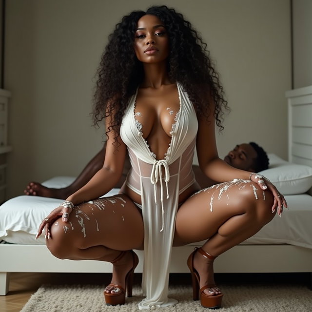 A light brown-skinned woman with very thick legs and prominent hips, featuring long, curly black hair and pronounced cheekbones