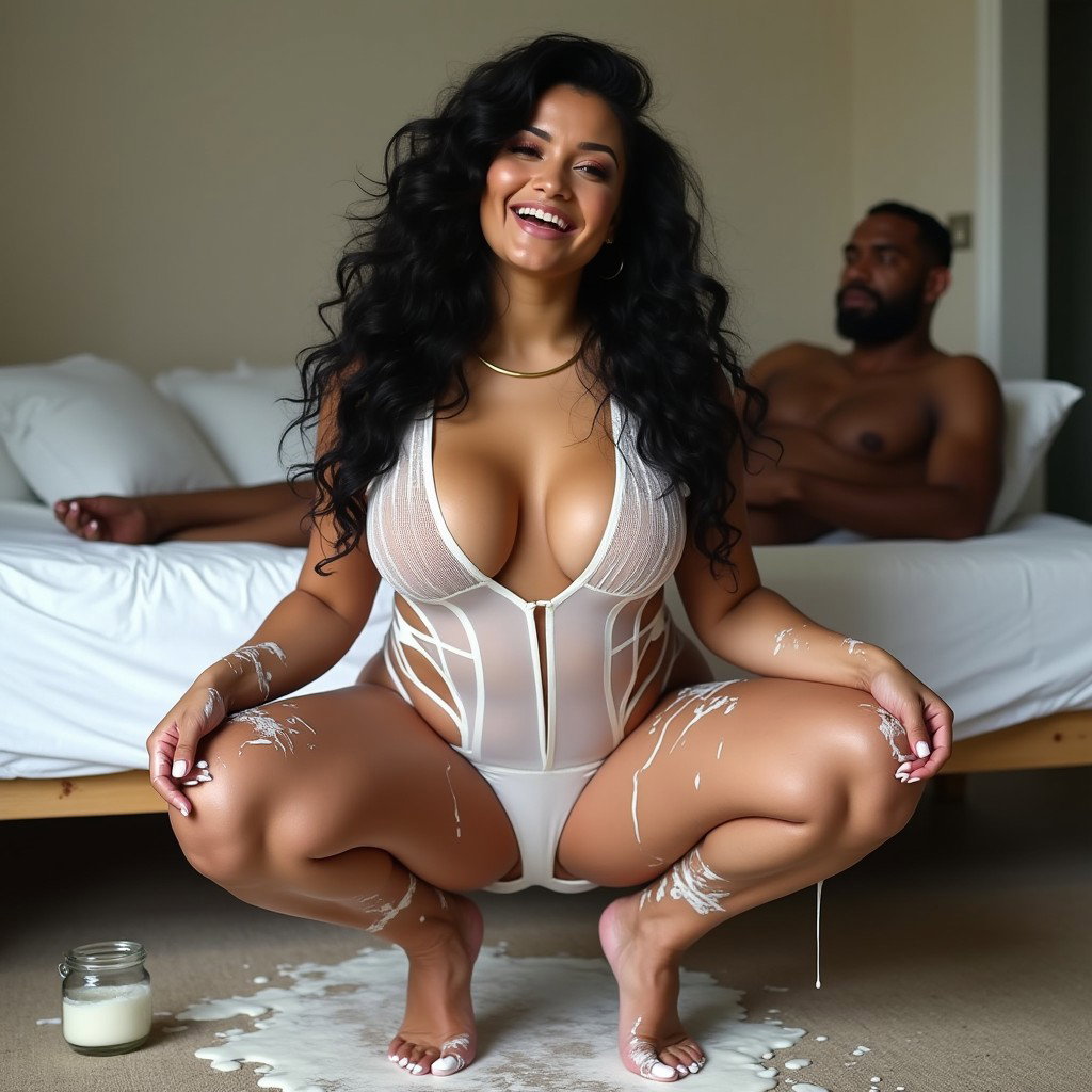 A light-skinned woman with thick legs and prominent hips, smiling with long, curly black hair and pronounced cheekbones