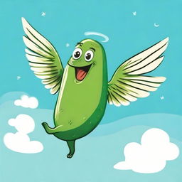 Illustration of a fanciful flying pickle, with wings flapping as it soars across a clear blue sky.