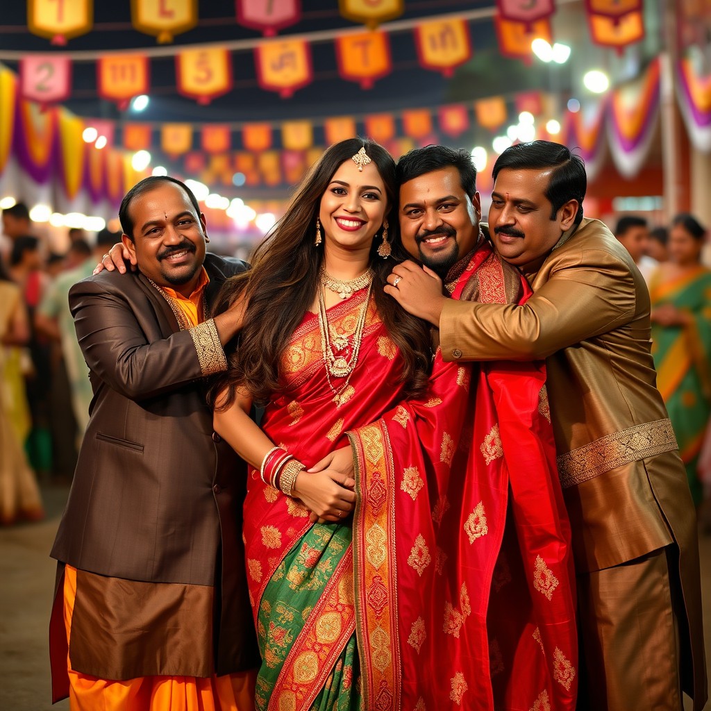 A stunning Indian woman wearing an elaborate, colorful saree, richly detailed with traditional patterns and embroidery, is being hugged affectionately by three men dressed in elegant ethnic attire