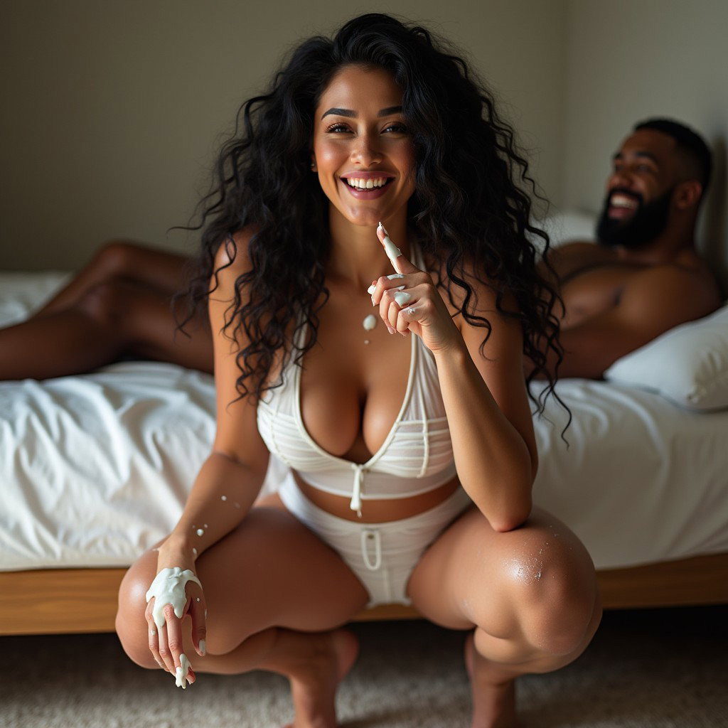 A smiling woman with light skin, very thick legs, and prominent hips, featuring long curly black hair and pronounced cheekbones