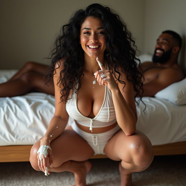 A smiling woman with light skin, very thick legs, and prominent hips, featuring long curly black hair and pronounced cheekbones