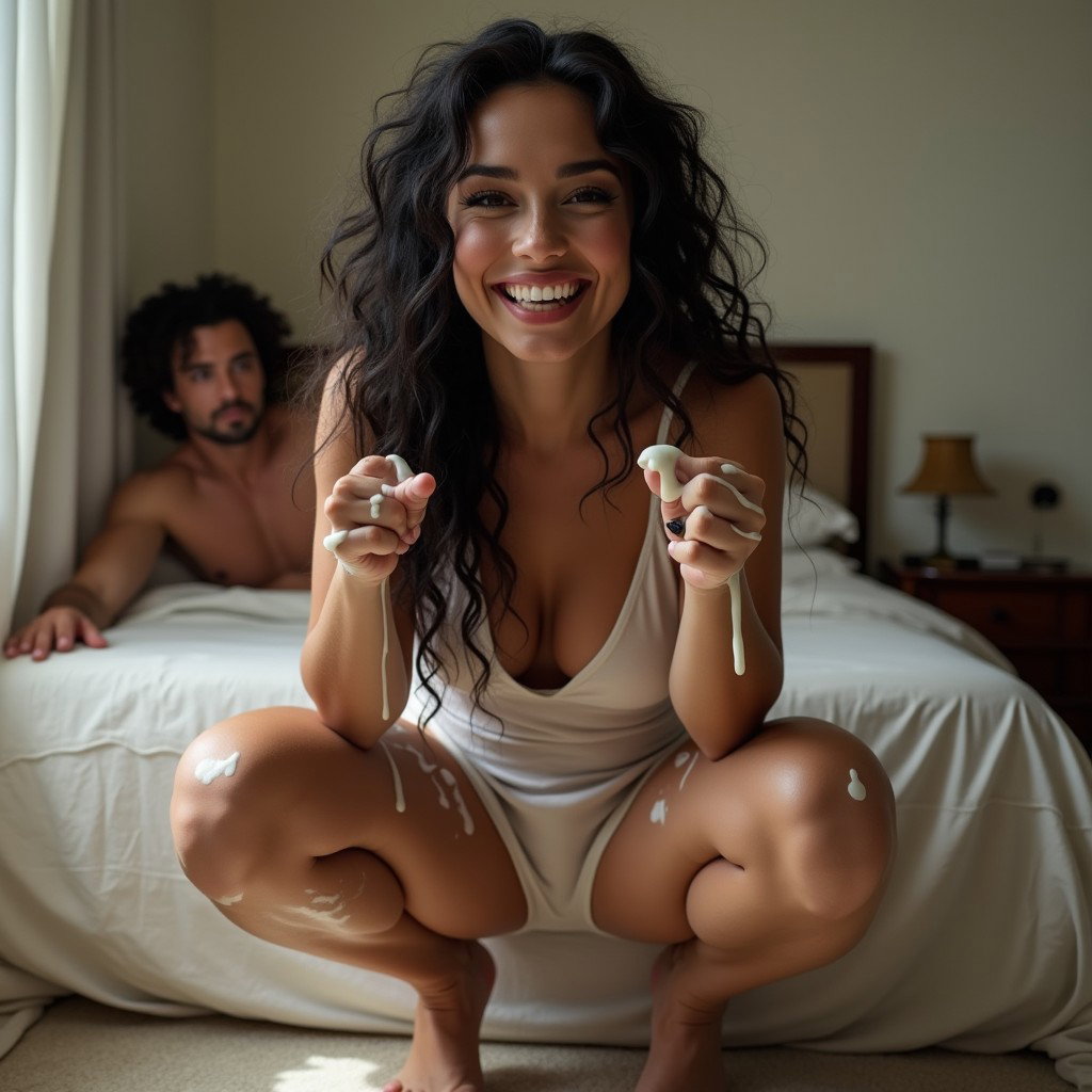 A light-skinned woman, smiling, with very thick legs and prominent hips, adorned with long curly black hair and pronounced cheekbones