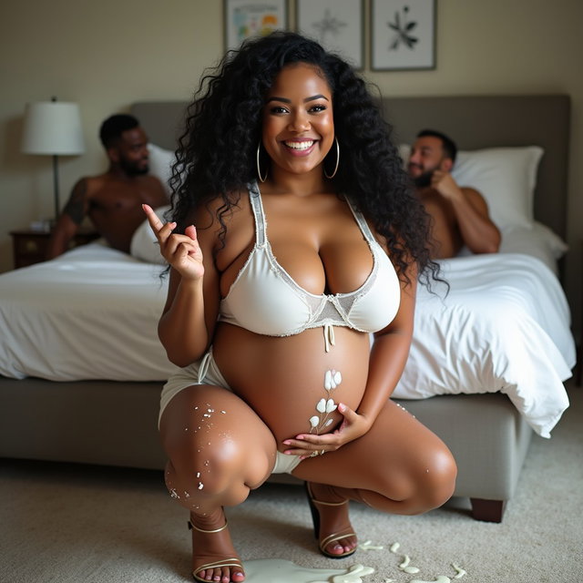 A light-skinned, smiling pregnant woman with very thick legs and prominent hips, featuring long, curly black hair and pronounced cheekbones