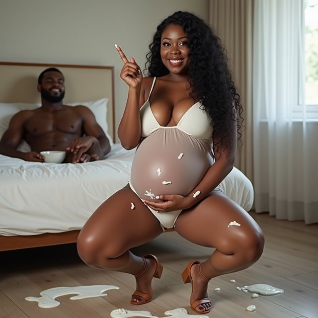 A light-skinned, smiling pregnant woman with very thick legs and prominent hips, featuring long, curly black hair and pronounced cheekbones