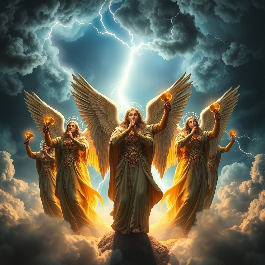 Seven mighty angels standing majestically in the heavens, each holding a golden trumpet that glows with divine light