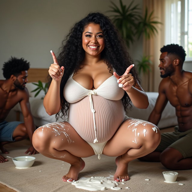 A light-skinned pregnant woman, smiling, with very thick legs and prominent hips, featuring long, curly black hair and pronounced cheekbones