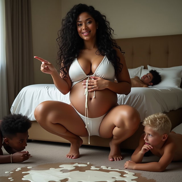 A light-skinned pregnant woman, smiling, with very thick legs and prominent hips, long curly black hair, and pronounced cheekbones