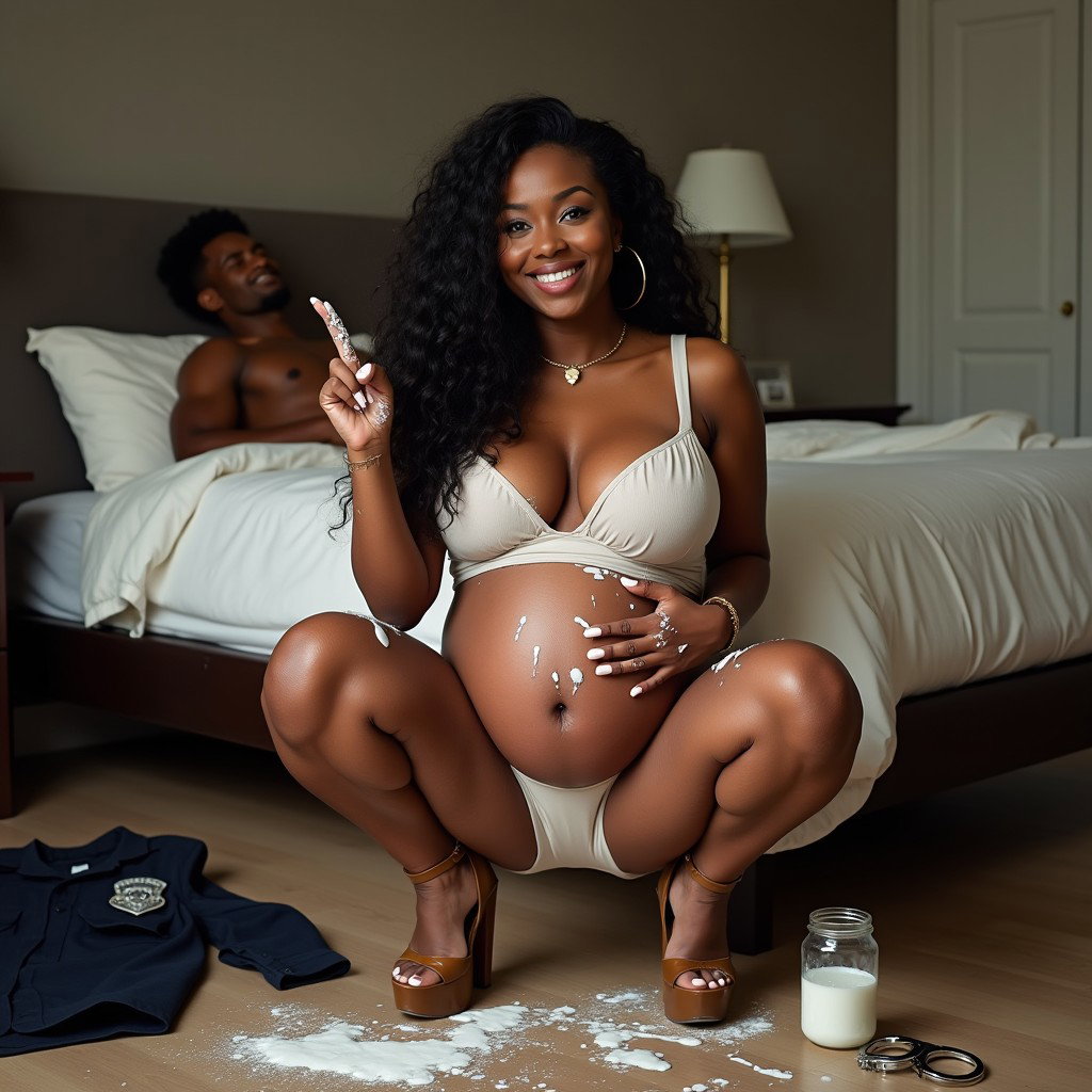 A light-skinned pregnant woman, smiling, with very thick legs and prominent hips, featuring long curly black hair and pronounced cheekbones