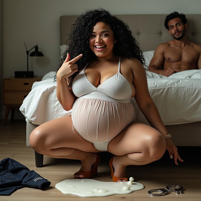A smiling light-skinned pregnant woman with very thick legs and prominent hips, featuring long, curly black hair and pronounced cheekbones