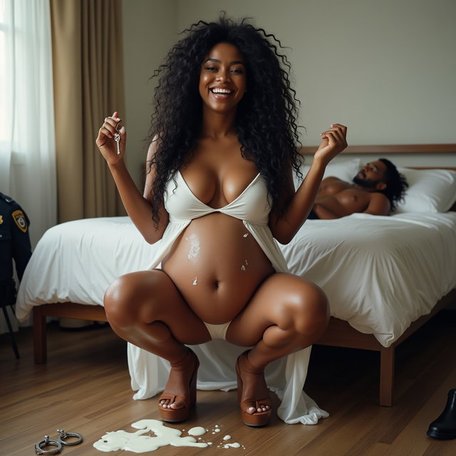 A light-skinned pregnant woman with a cheerful smile, showcasing very thick legs and prominent hips