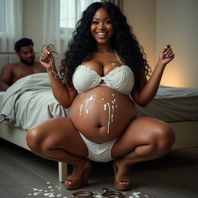 A light-skinned, smiling pregnant woman with very thick legs and prominent hips, featuring long, curly black hair and pronounced cheekbones