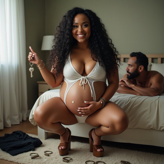 A light-skinned, smiling pregnant woman with very thick legs and prominent hips, featuring long, curly black hair and pronounced cheekbones