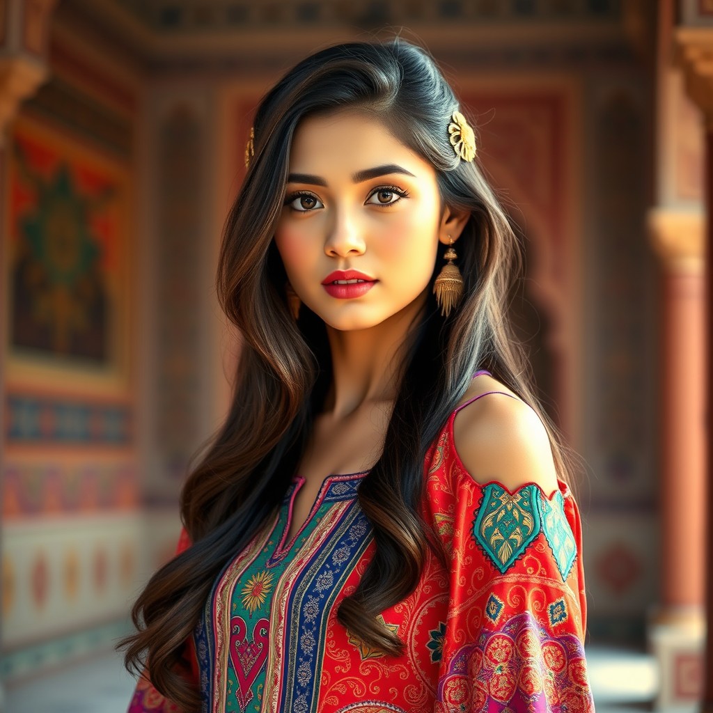 A beautiful Uzbek girl with striking features, showcasing a confident and alluring expression