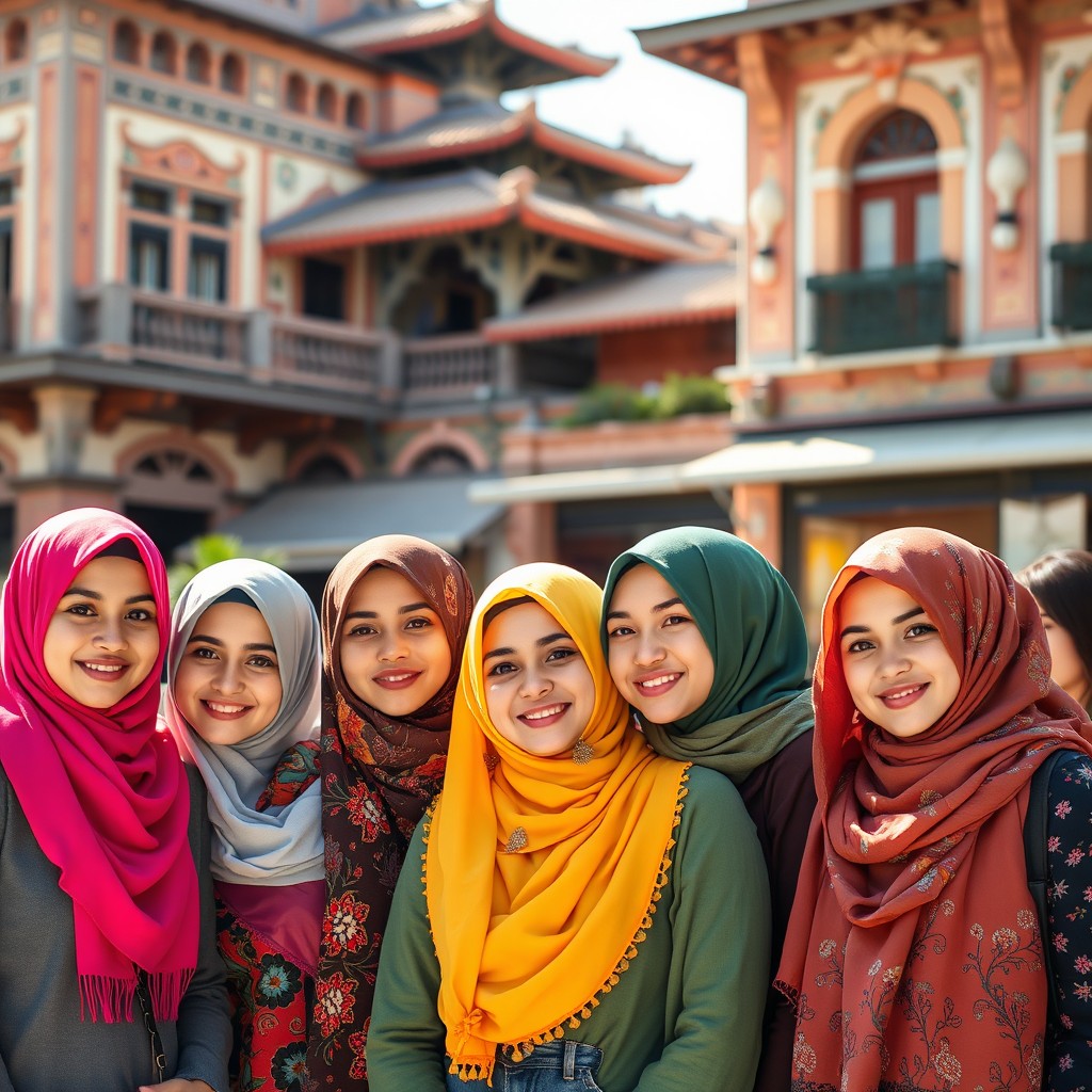 A group of young women wearing colorful hijabs, showcasing a variety of styles and patterns