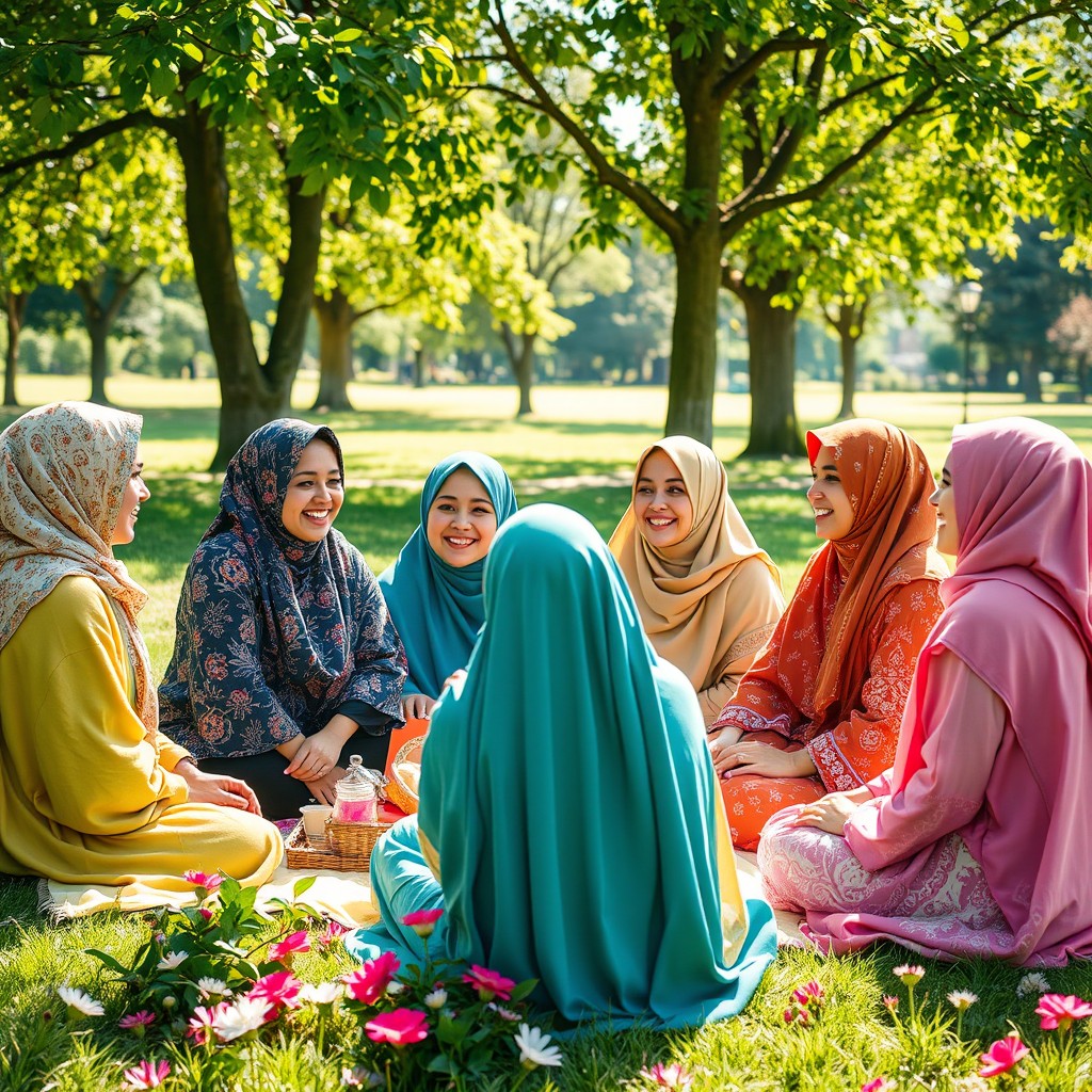 A serene and beautiful scene featuring women in colorful hijabs, each adorned with unique patterns and designs