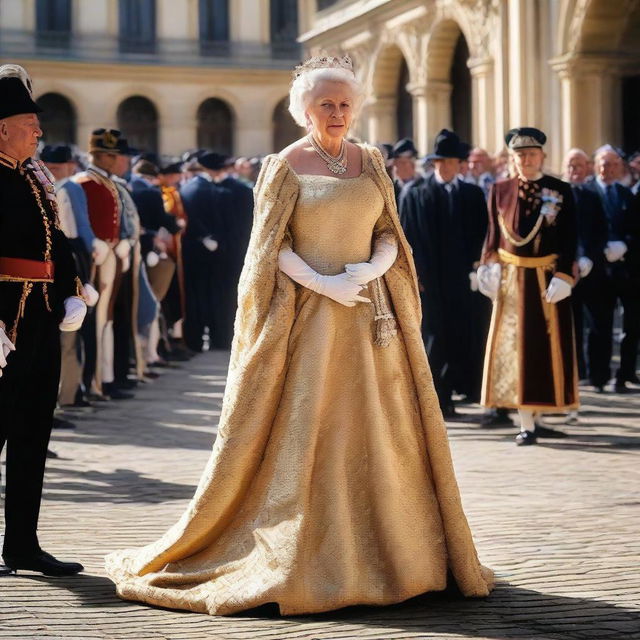 A regal and poised Queen of France stepping out into public, her regalia catching the light as she is greeted by her people.