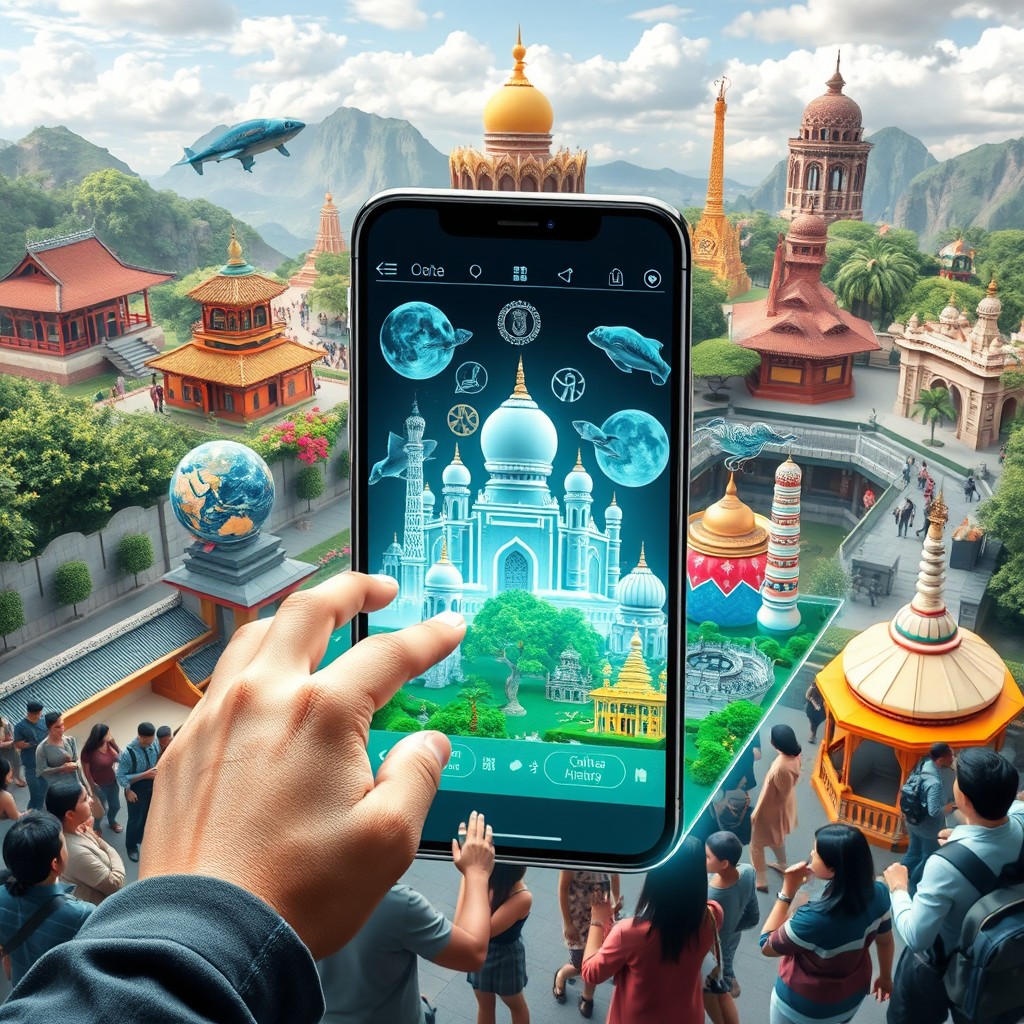 A visually striking augmented reality (AR) app interface showcasing cultural heritage