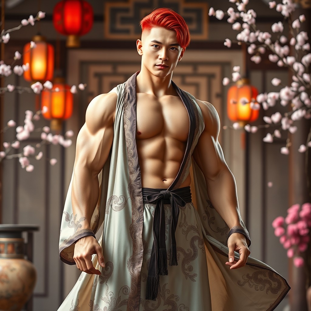 A full-length portrait of a 24-year-old muscular man with red hair, showcasing an oriental style