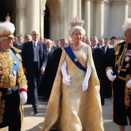 A regal and poised Queen of France stepping out into public, her regalia catching the light as she is greeted by her people.