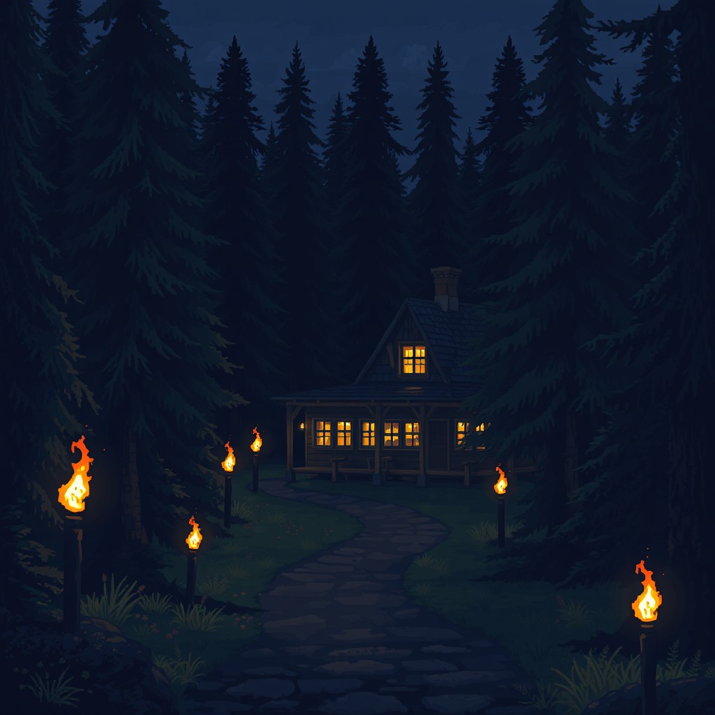 A pixel art style image of a tavern nestled in a dark pine forest at night