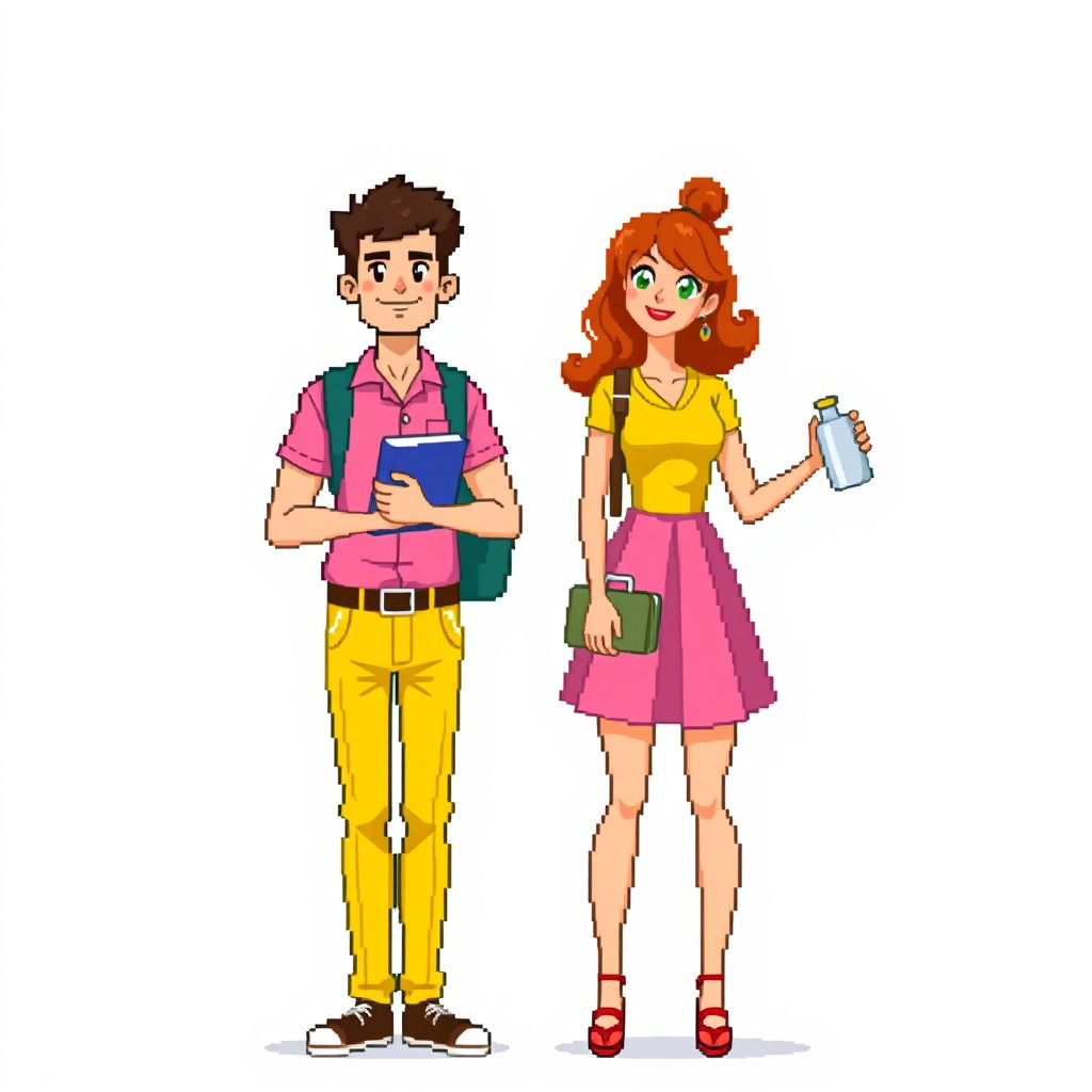 A pixel art illustration featuring a man and a woman