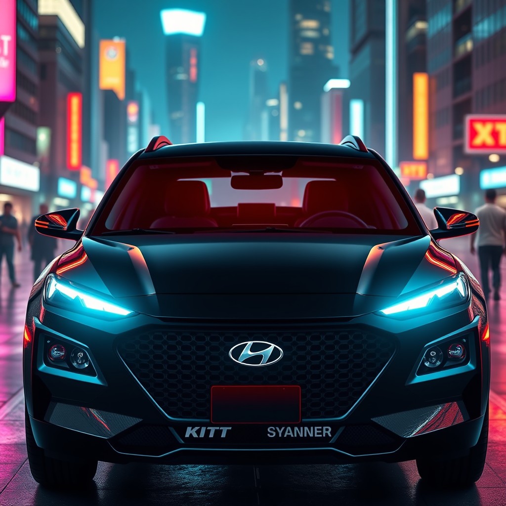 A 2020 Hyundai Kona GDI featuring advanced scanning technology from KITT in Knight Rider, showcasing a sleek black exterior with an illuminated dashboard and high-tech gadgets