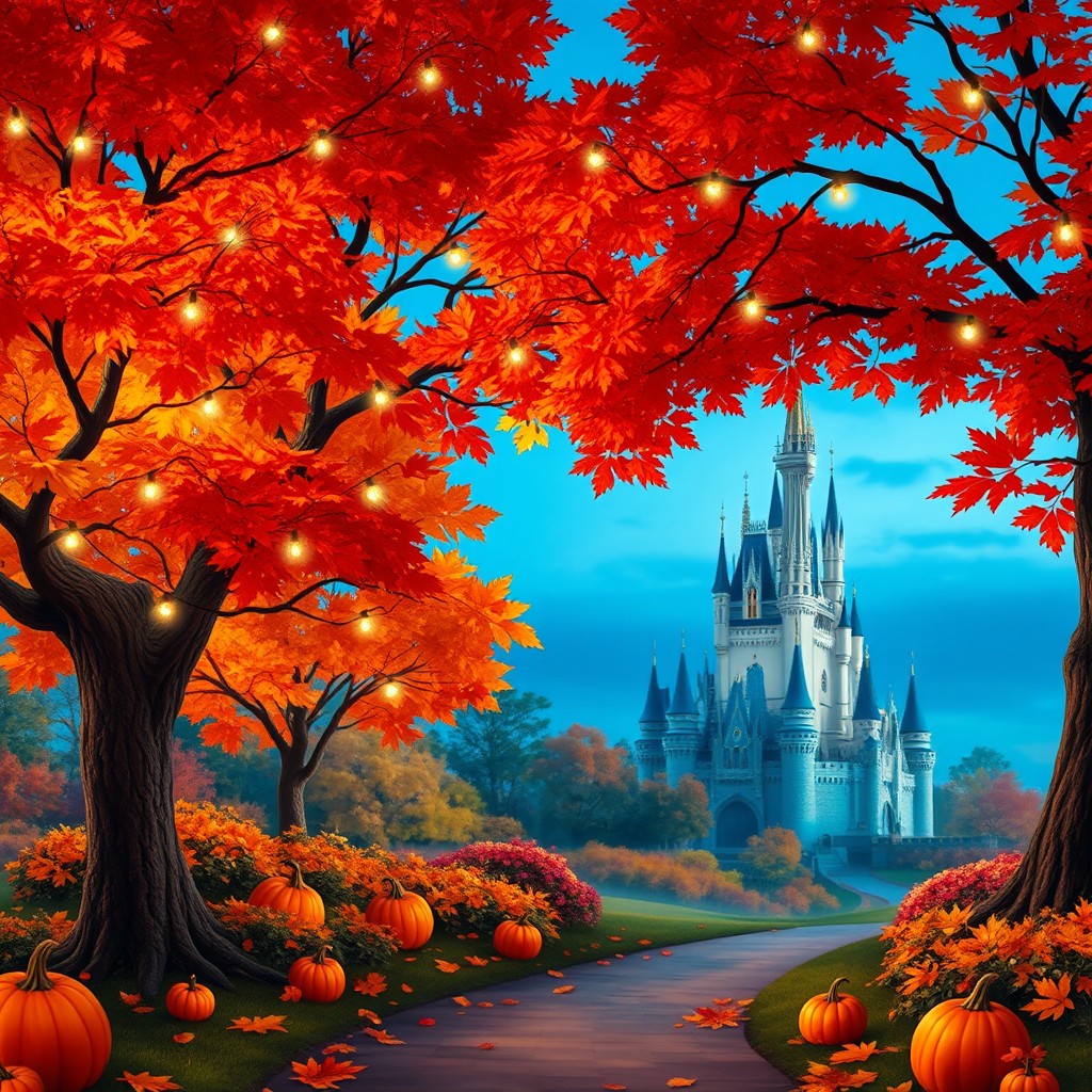 A picturesque Disney-themed background for fall, featuring vibrant autumn colors of red, orange, and yellow foliage