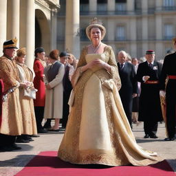 A regal and poised Queen of France stepping out into public, her regalia catching the light as she is greeted by her people.