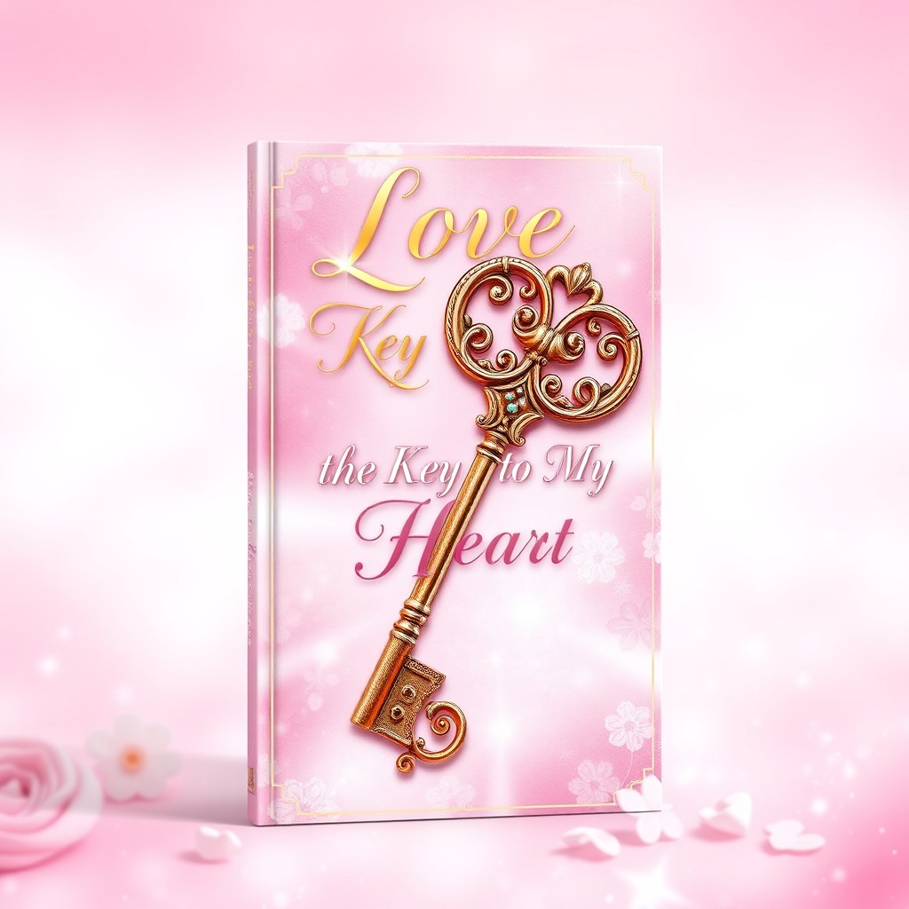A stunningly designed book cover that features a large, ornate vintage key against a soft, romantic background of pastel pink and lavender hues