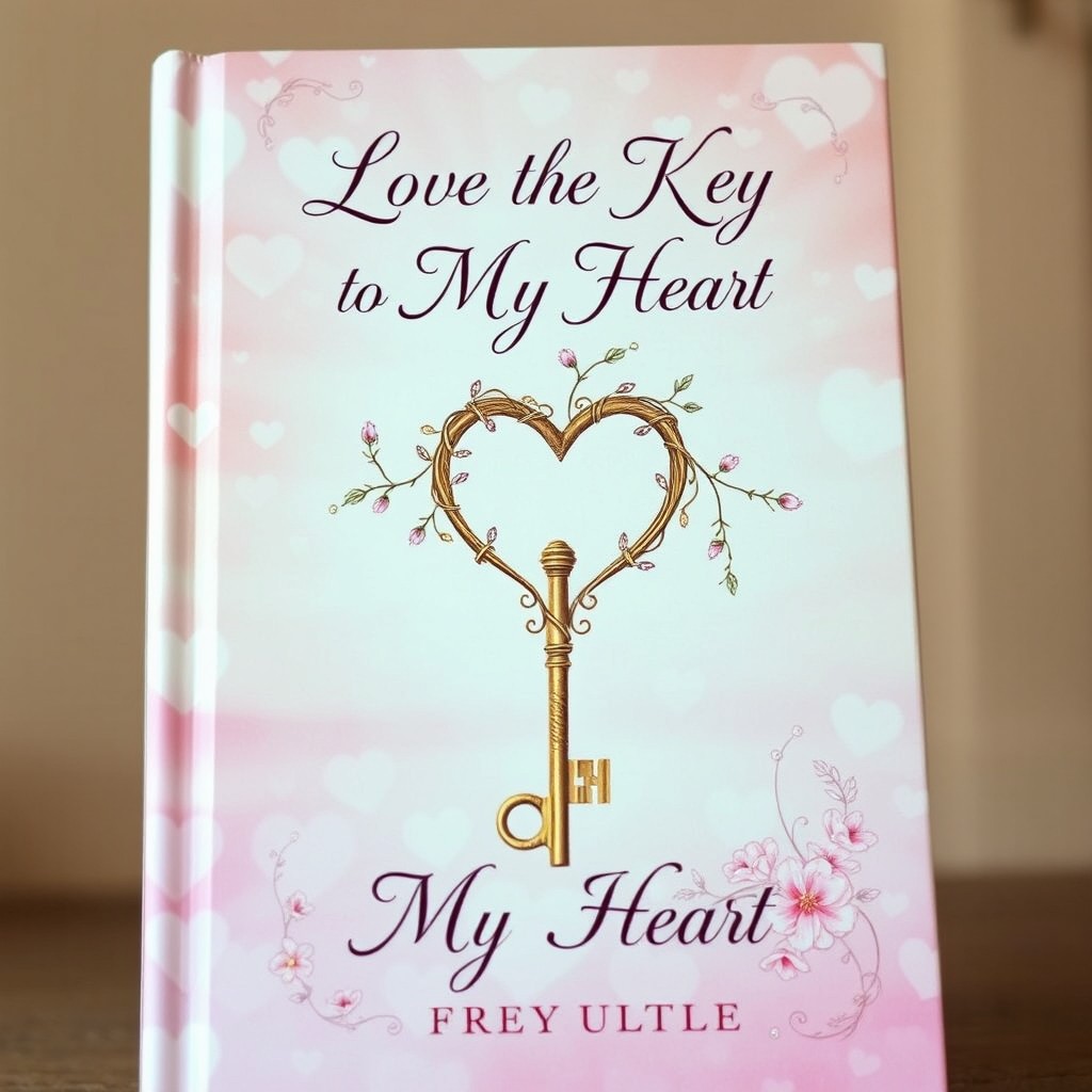 An enchanting book cover featuring a vintage key delicately wrapped in a heart-shaped vine, set against a dreamy background of soft pastel colors like blush pink and lavender