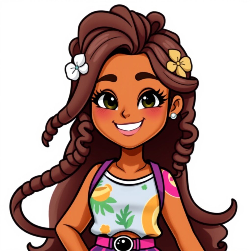 A vibrant and expressive Hispanic Bitmoji character featuring long, flowing curly hair cascading down around her shoulders