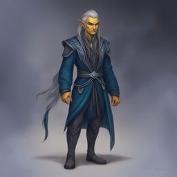 This is a digital art image of a Githyanki Wizard with sharp features, small nose, yellow skin, and pointed ears