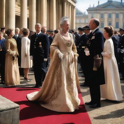 A regal and poised Queen of France stepping out into public, her regalia catching the light as she is greeted by her people.