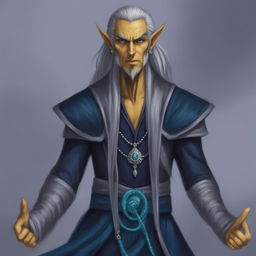 This is a digital art image of a Githyanki Wizard with sharp features, small nose, yellow skin, and pointed ears