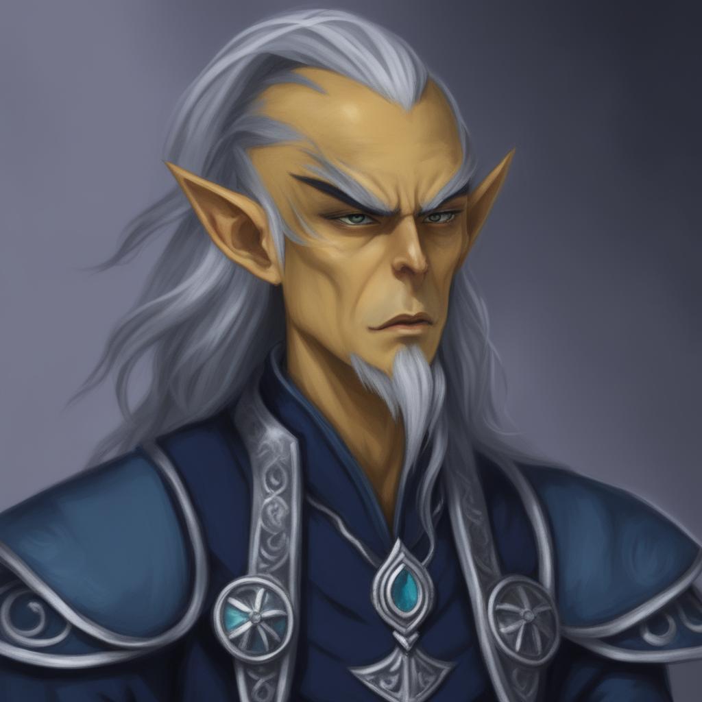 This is a digital art image of a Githyanki Wizard with sharp features, small nose, yellow skin, and pointed ears