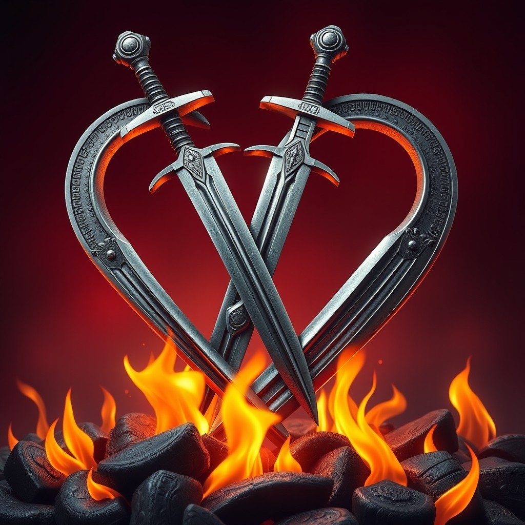 A beautifully detailed heart shape made entirely of intertwined iron swords, symbolizing strength and love