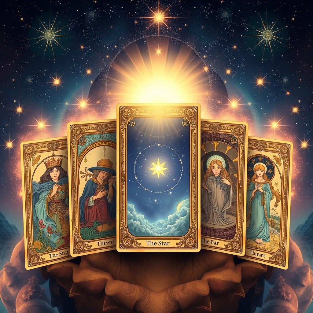 A detailed high-resolution illustration of 5 tarot cards arranged in a gentle arch, designed in the vintage Rider-Waite tarot style
