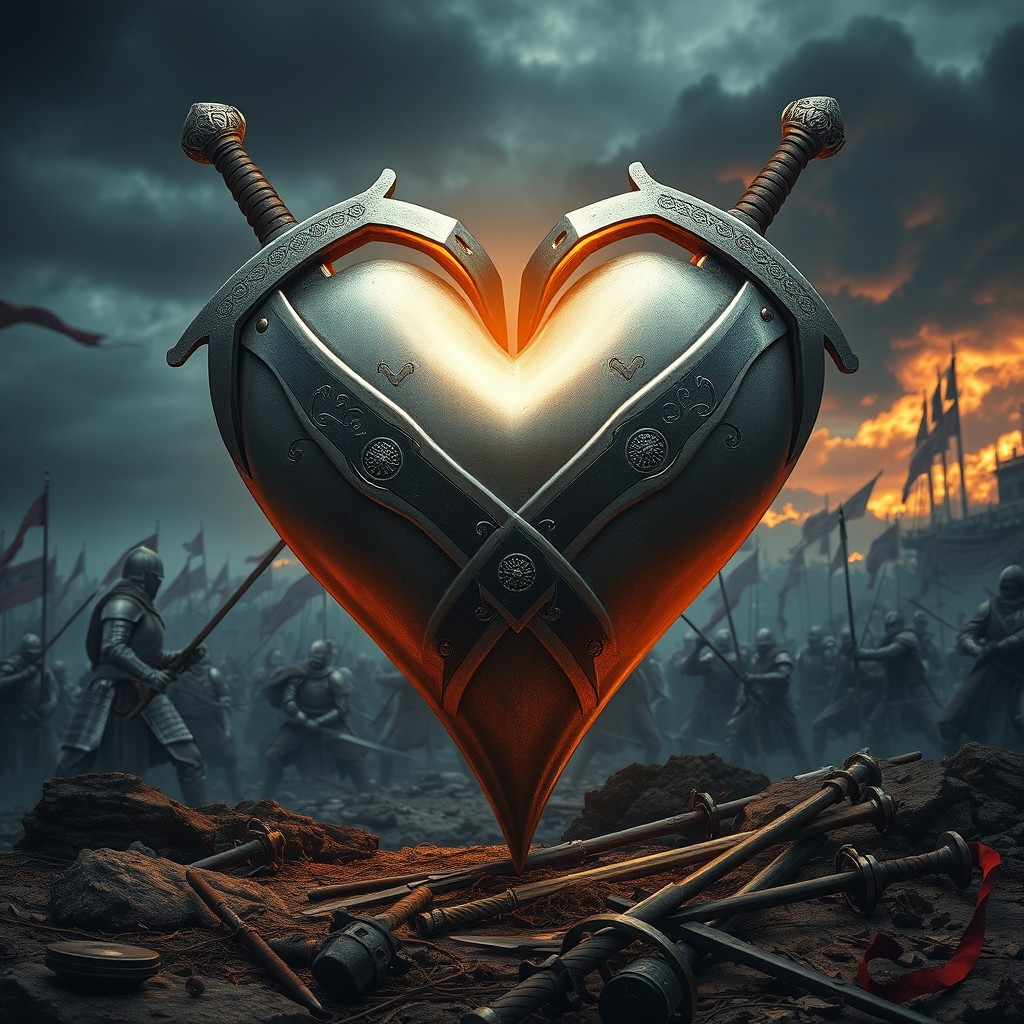A dramatic scene featuring a heart made of intertwined iron swords set against a backdrop of a medieval war landscape