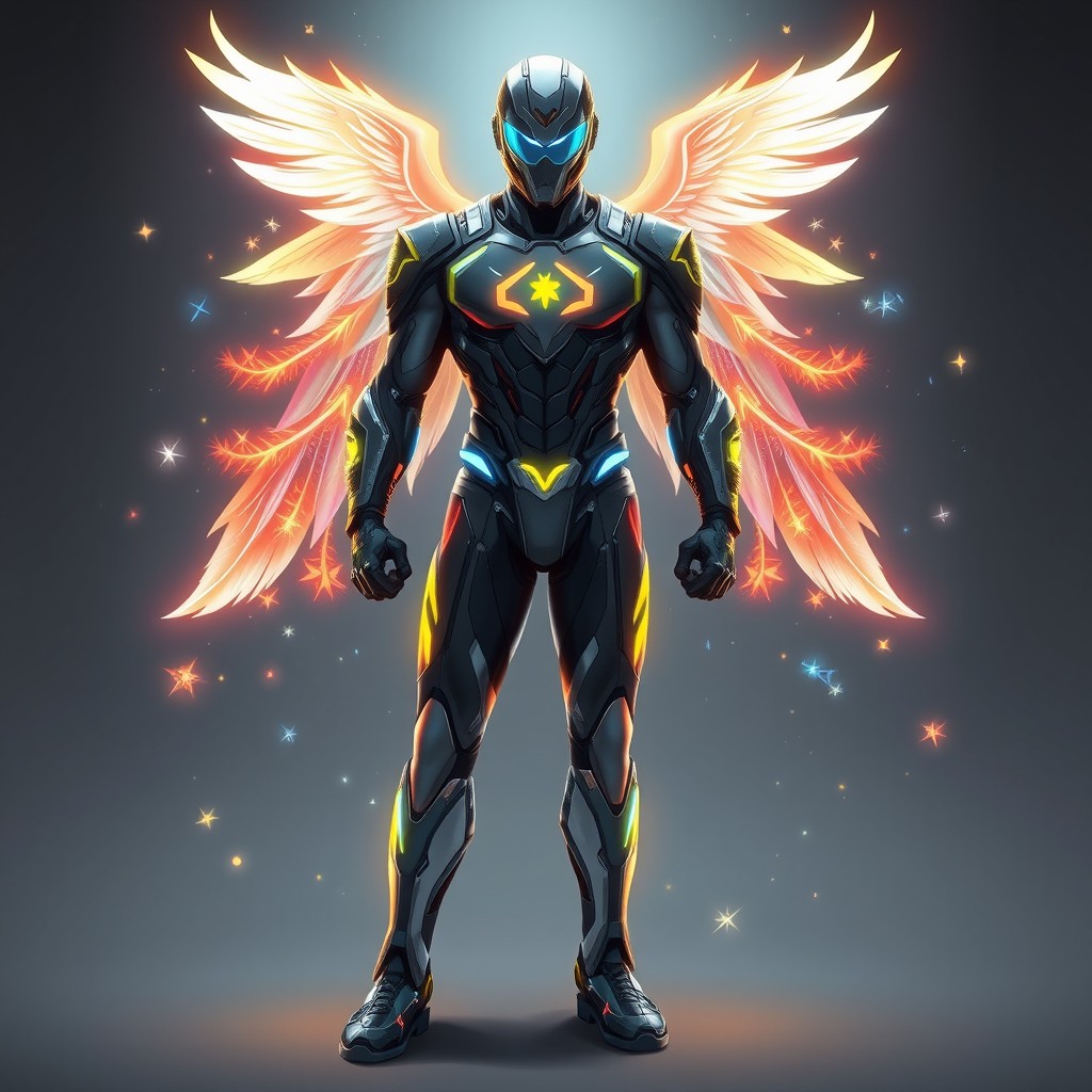 A futuristic superhero suit designed for a character with elemental powers and Holy Spirit abilities