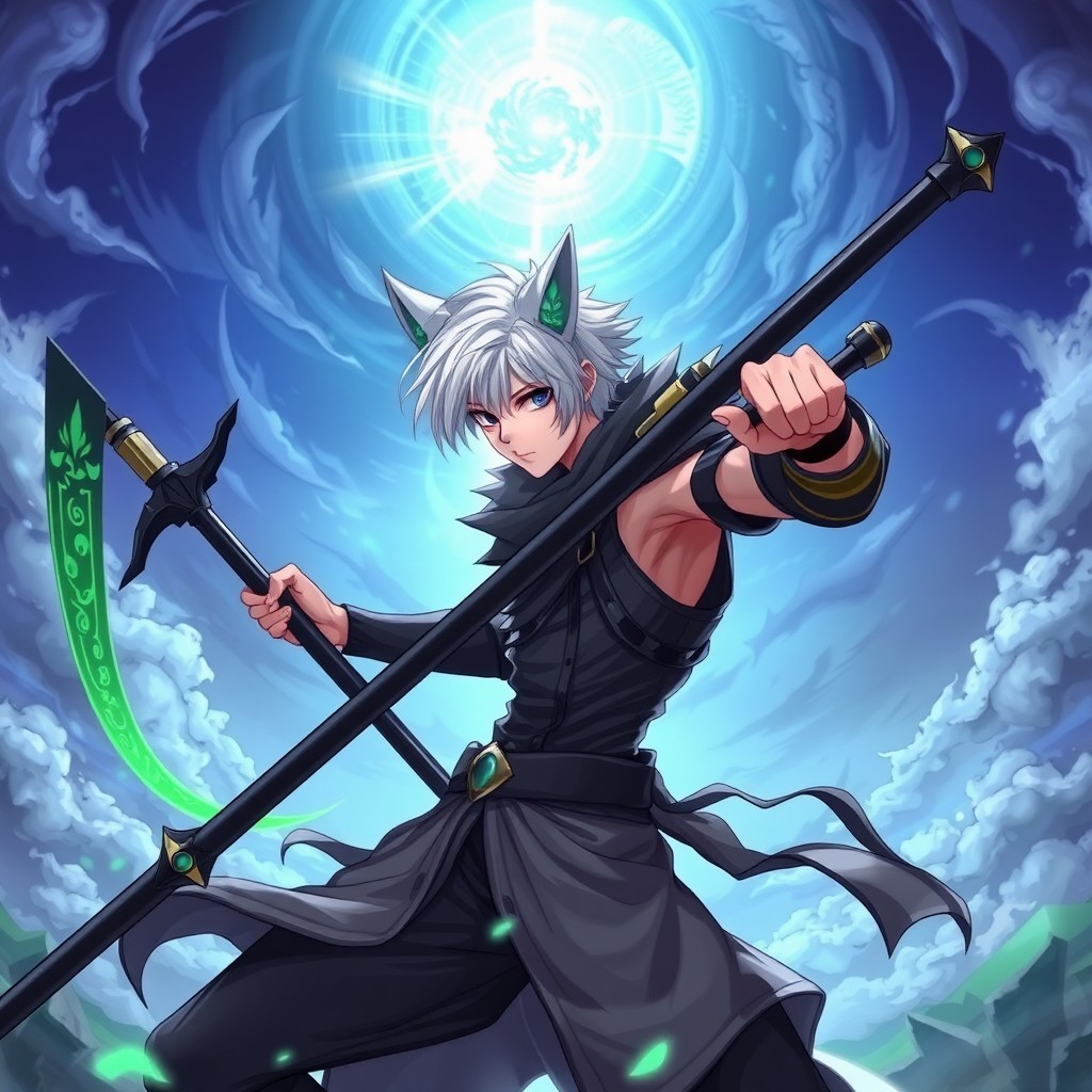 An anime-styled male character with striking white hair and cat-like ears, depicted in a dynamic pose as he wields a massive scythe