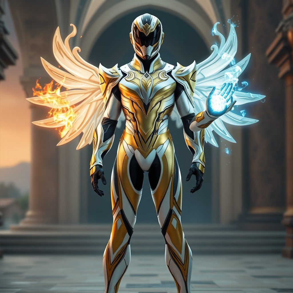 A futuristic superhero suit that incorporates elemental powers and Holy Spirit abilities, designed with an African theme