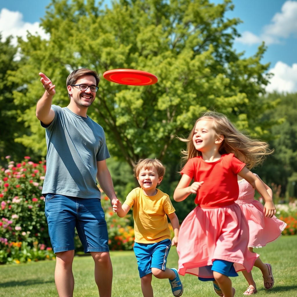 A loving father playing with his two children in a sunny park