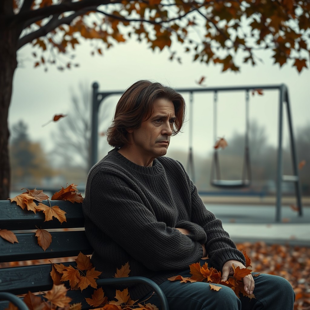 A somber scene depicting a father with a saddened expression, sitting on a park bench surrounded by autumn leaves