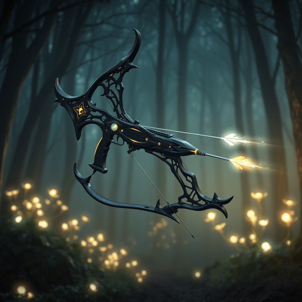 A sleek and powerful black energy shortbow, radiating a mysterious glow, crafted from advanced, futuristic materials