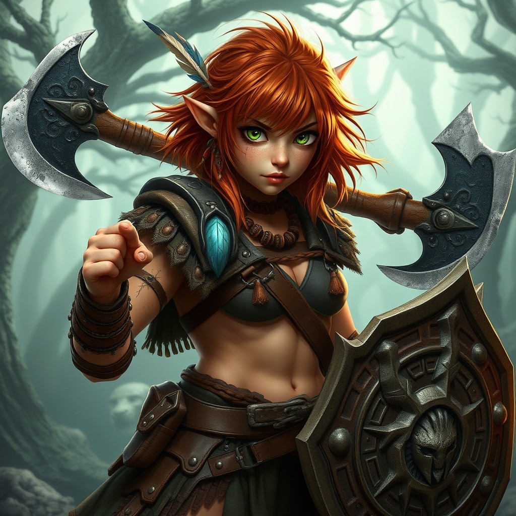 A fierce female halfling barbarian in a fantasy setting, showcasing her wild and adventurous spirit
