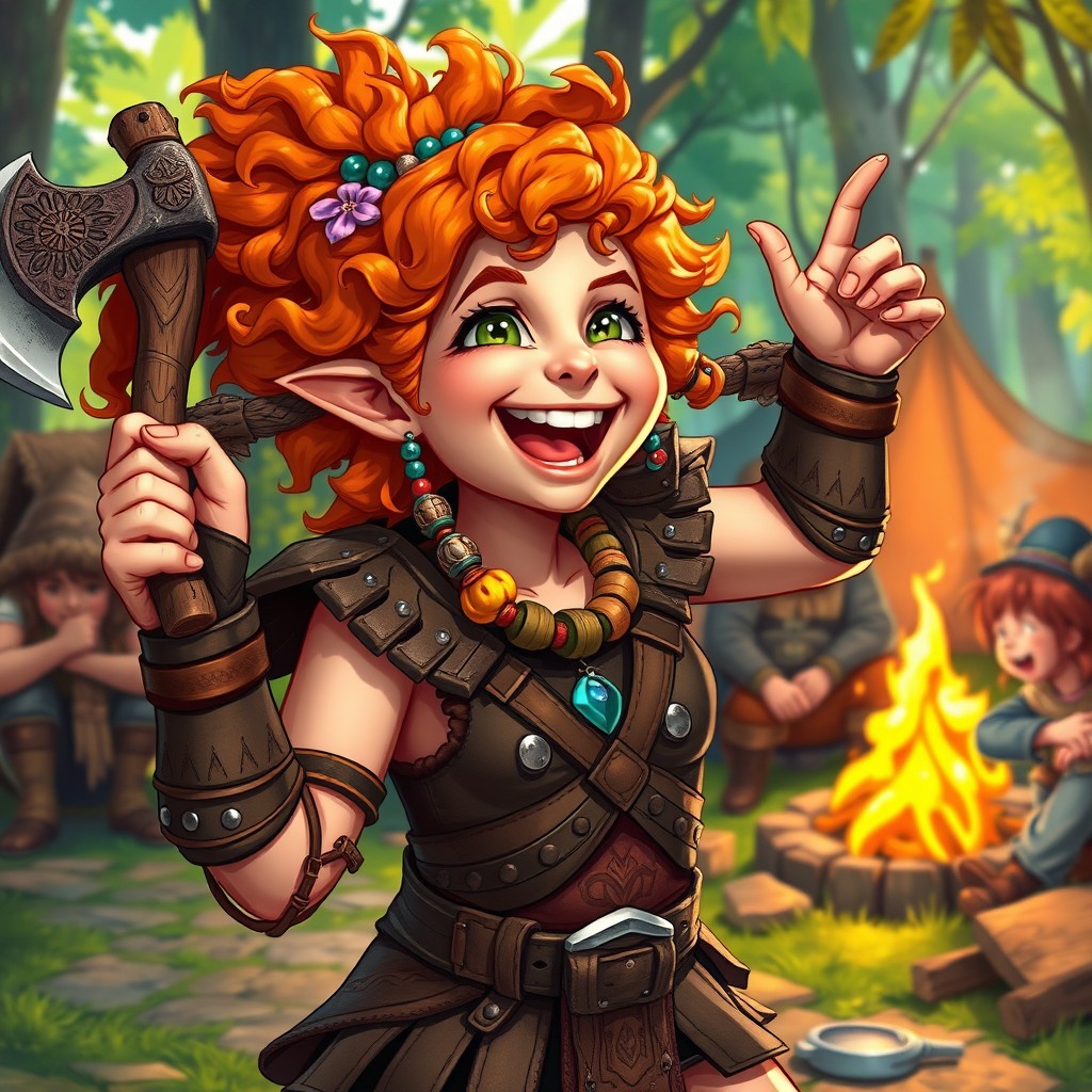 A joyful female halfling barbarian in a fantasy setting, laughing heartily as she embraces her playful and adventurous spirit