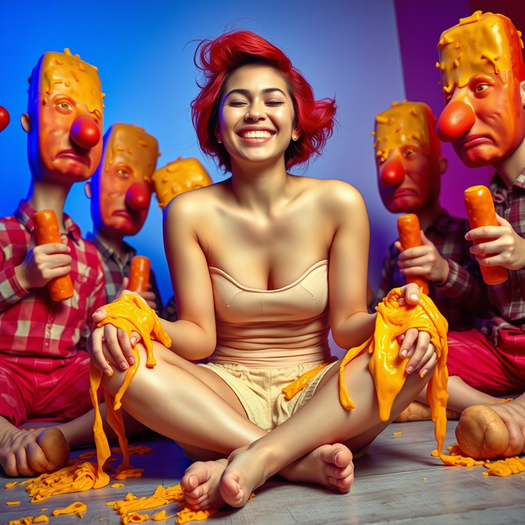 A young woman of Filipino descent with striking red hair, showcasing a smile with her eyes closed, sitting in a criss-cross position